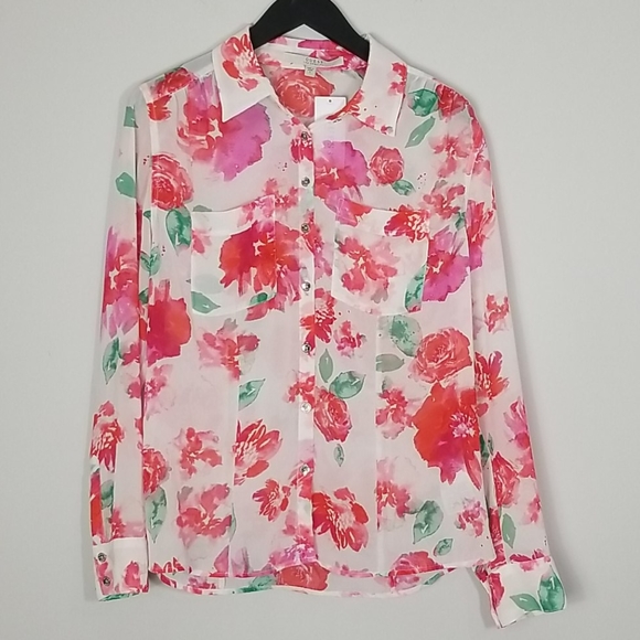 Guess Abstract Floral Print Button Down Blouse - Picture 14 of 14